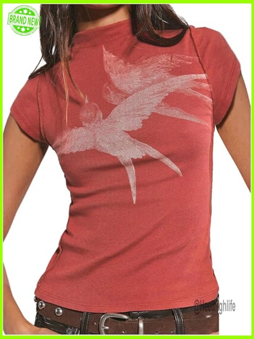 Women's Cap Sleeve Mock Neck Graphic Tee Y2K Slim Fit T-Shirt Summer Casual